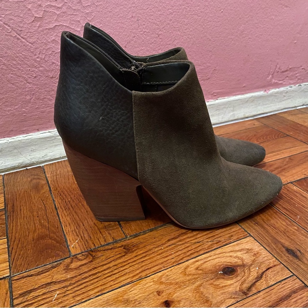 Crown Vintage Naydine Olive Green Suede and Faux Leather High Heel Ankle Boots